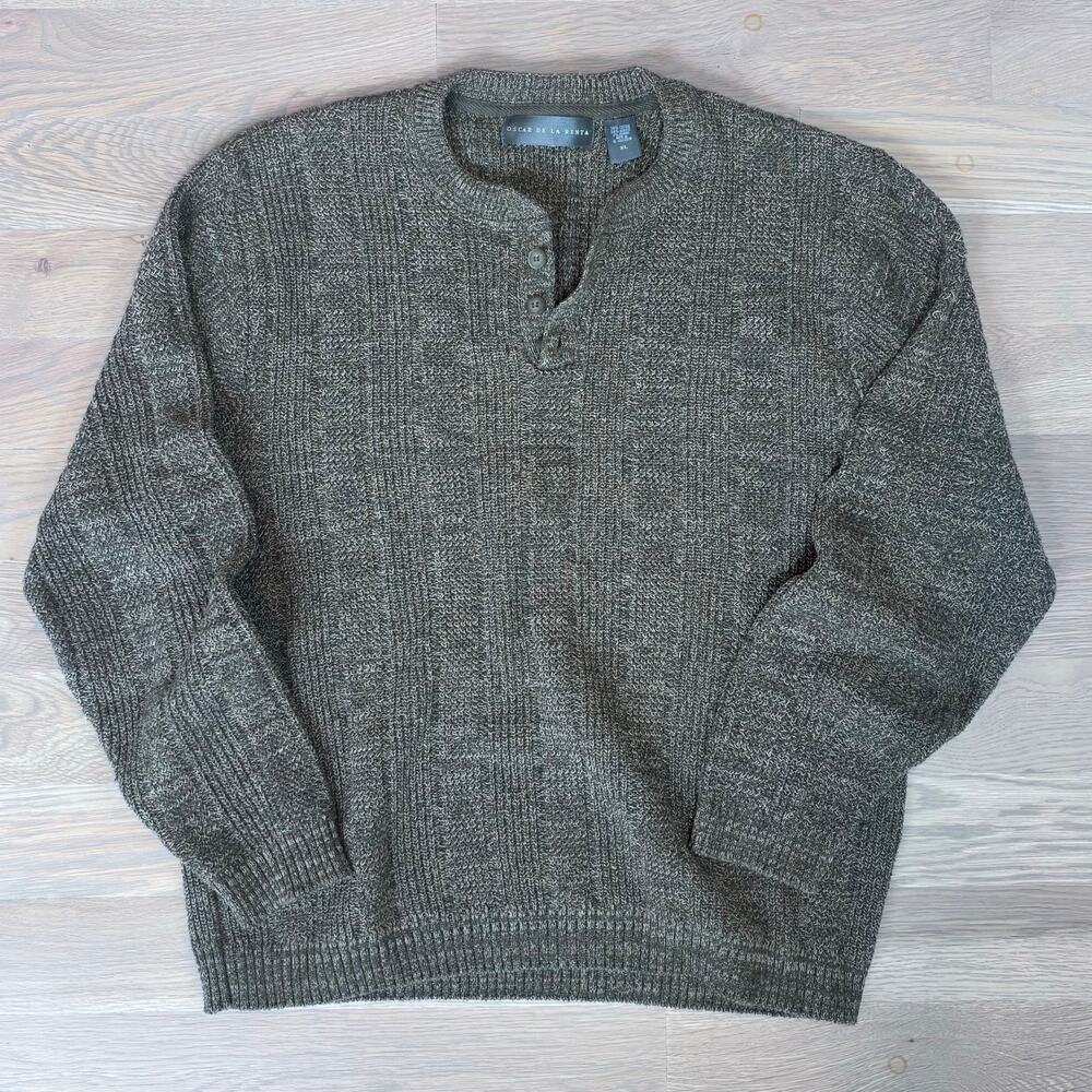 VTG 90s Oscar De La Renta Henley Pullover Chunky Knit Sweater Olive Men Size XL